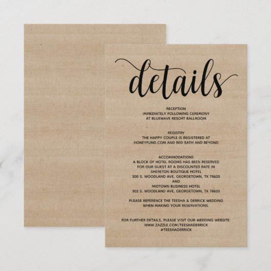 Bijkaart met details over boerenbruiloft informatiekaartje (Voorkant / Achterkant)