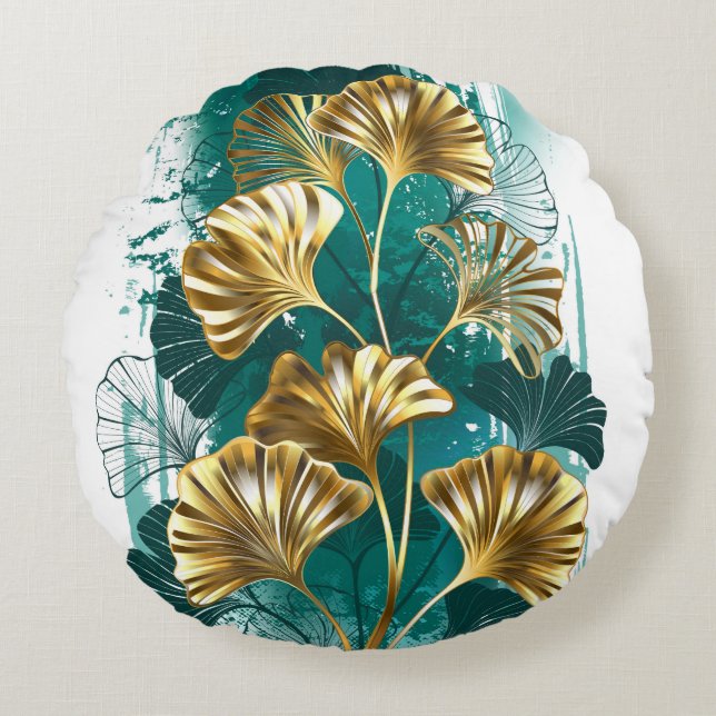 Bijkantoor met Golden Leaves Ginko Biloba Rond Kussen (Voorkant)