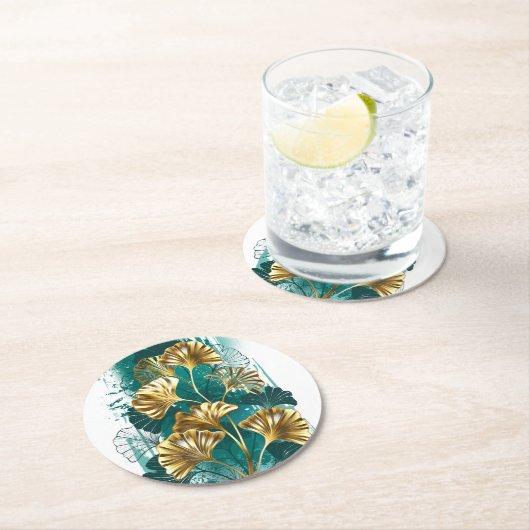 Bijkantoor met Golden Leaves Ginko Biloba Ronde Kartonnen Onderzetter (Insitu)