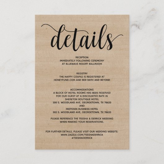 Bijlagekaart met details over boerenbruiloft informatiekaartje (Voorkant)