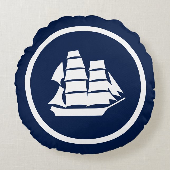 Bijna marineblauwe zeilboot zeepaardjes nautisch rond kussen (Voorkant)