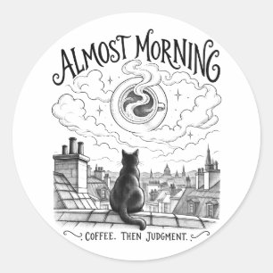 Bijna Ochtend Zwarte Kat Koffie Dak Kunst Ronde Sticker
