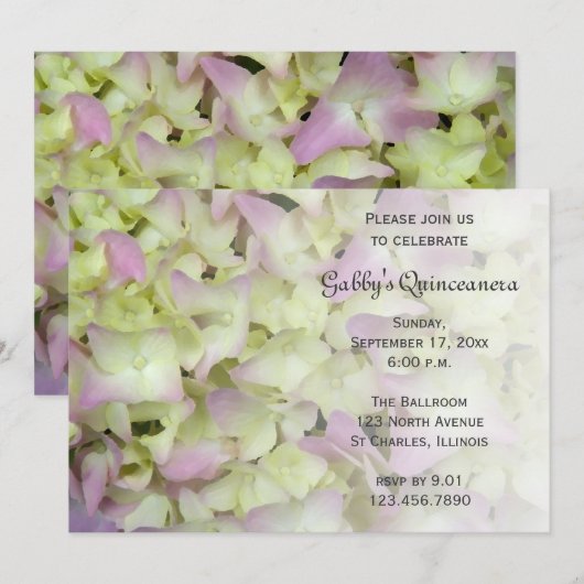 Bijna roze hydrangea Flower Quinceanera Invite Kaart (Voorkant / Achterkant)