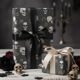 Bijna Zwart Roze Gotische Schedels en Rozen Bloeme Cadeaupapier