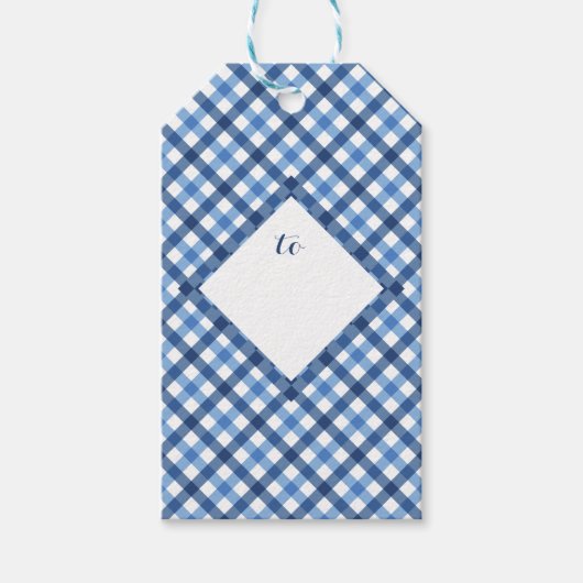 Bijpassende blauwe gingham diamant cadeau labels cadeaulabel (Voorkant)