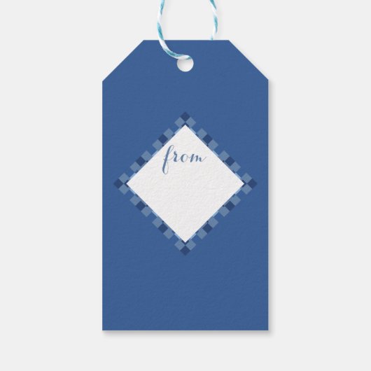 Bijpassende blauwe gingham diamant cadeau labels cadeaulabel (Achterkant)