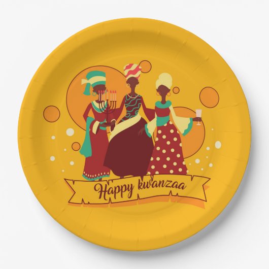 Bijpassende Happy Kwanzaa 3 Dames 9" Papieren Bordje (Voorkant)