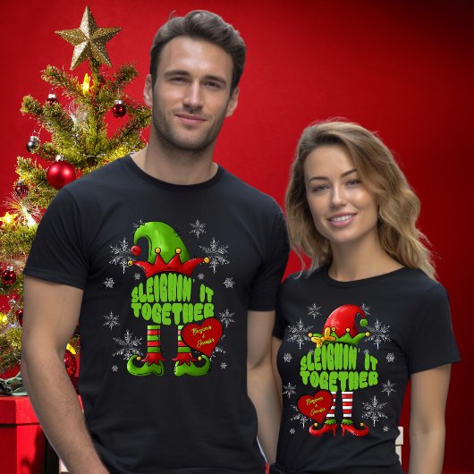 Bijpassende paar kerst elf namen in hart t-shirt