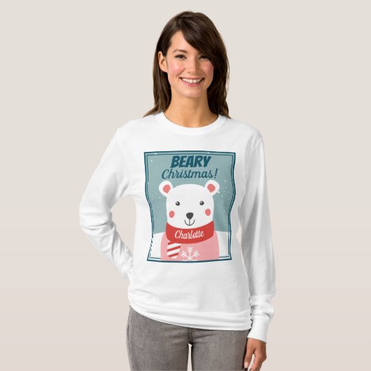Bijse kerstschattige cartoon polair beer met naam t-shirt (Voorkant volledig)