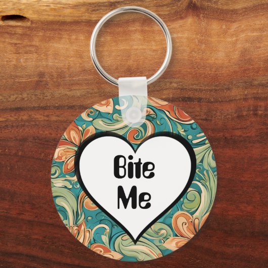 Bijt me Grappig Hart Swirly Retro Design Sleutelhanger (Achterkant)