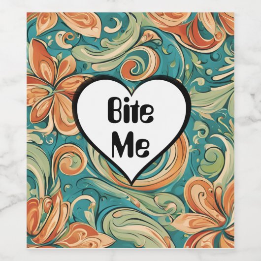 Bijt me Grappig Hart Swirly Retro Design Wijn Etiket (Enkel label)