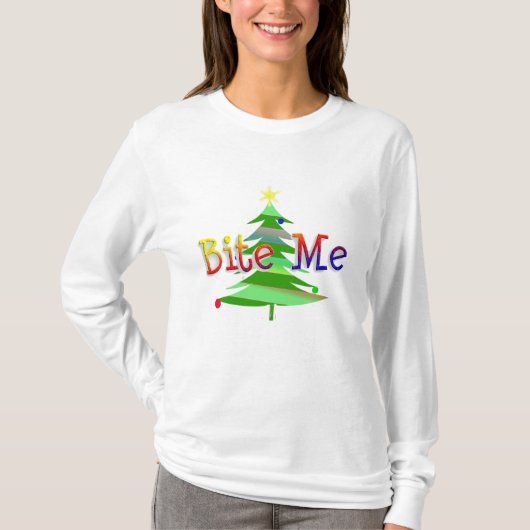 Bijt me sarcastische anti-kerstgroet t-shirt (Voorkant)
