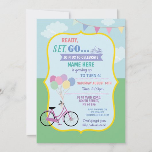 Bike Birthday fiets Ride Balloons Partij Roze Kaart (Voorkant)