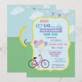 Bike Birthday fiets Ride Balloons Partij Roze Kaart (Voorkant / Achterkant)
