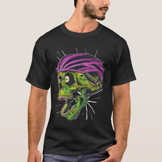 Bike Helmet Skull Weird Cool Fun Retro Dark T-shirt (Voorkant)