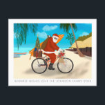 Bike Santa Tropical Summer Holiday Feestdagenkaart<br><div class="desc">Originele illustratie van de Kerstman die een fiets rijdt op een tropisch strand met surfbord en geschenken in trek. ©Becky Nimoy 2021 Foto optie and message on the back side.</div>