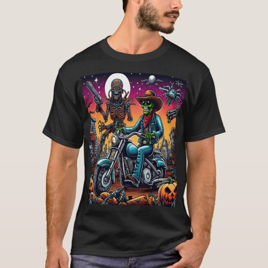 Biker and Alien in Haunted Cemetery T-shirt (Voorkant)