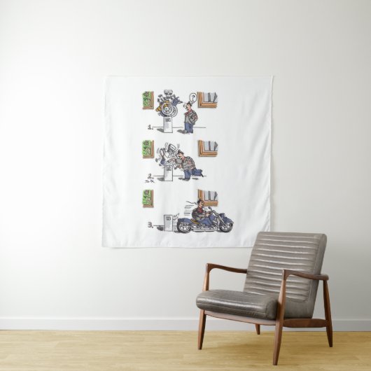 Biker bij museumtapestry wandkleed (In situ)