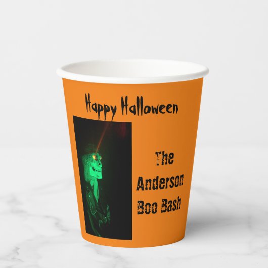 Biker Billy Halloween Skeleton Pumpkin Sinaasappel Papieren Bekers (Voorkant)