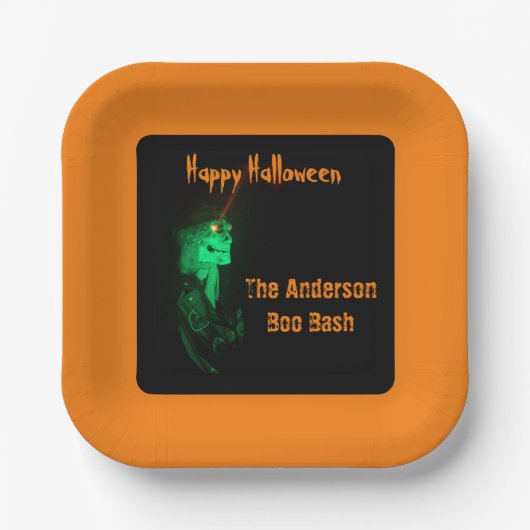 Biker Billy Halloween Skeleton Pumpkin Sinaasappel Papieren Bordje (Voorkant)