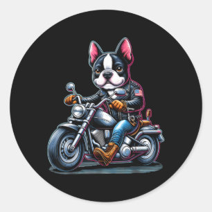 Biker Boston Terrier Hond Rijdt op Motorfiets Ronde Sticker