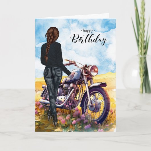 Biker Chick Motorcycle Wildflower Meadow Verjaarda Kaart (Voorkant)