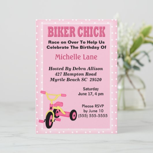 Biker Chick Tricycle Verjaardag uitnodiging (Staand voorkant)
