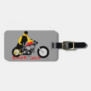 BIKER CHICK zit op haar motorfiets Bagagelabel