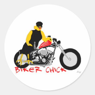BIKER CHICK zit op haar motorfiets Ronde Sticker
