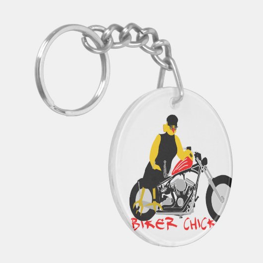 BIKER CHICK zit op haar motorfiets Sleutelhanger (Voorkant Links)