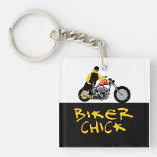 BIKER CHICK zit op haar motorfiets Sleutelhanger