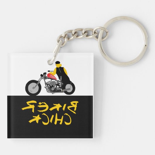 BIKER CHICK zit op haar motorfiets Sleutelhanger (Achterkant)