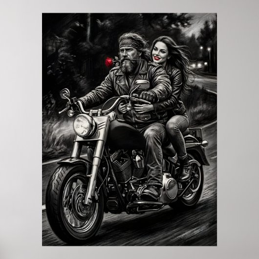 Biker Couple Motorcycle Night Ride Romance  Poster (Voorkant)