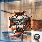Biker Cross Schedel Motor Vlammen Motorfietswinkel Raamsticker (Cafe Raam)