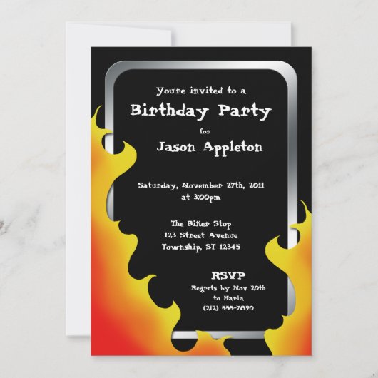 Biker Flames Silver Lijst Birthday Invitation Kaart (Voorkant)