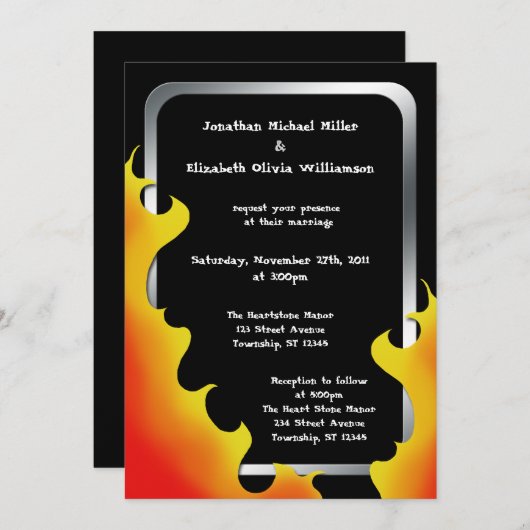 Biker Flames Zilver Lijst Bruiloft ~ Uitnodigingen (Voorkant / Achterkant)