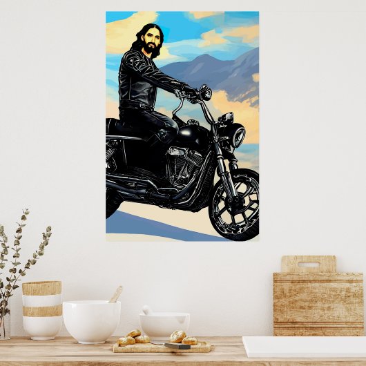 Biker Jezus Christus over Abstracte kunst op de mo Poster (Keuken)