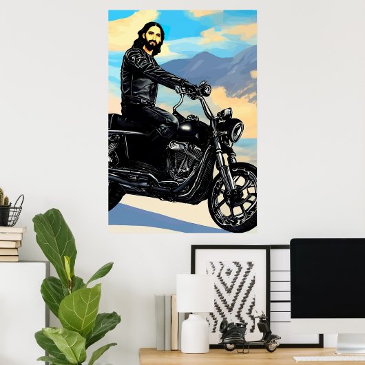 Biker Jezus Christus over Abstracte kunst op de mo Poster (Thuiskantoor)