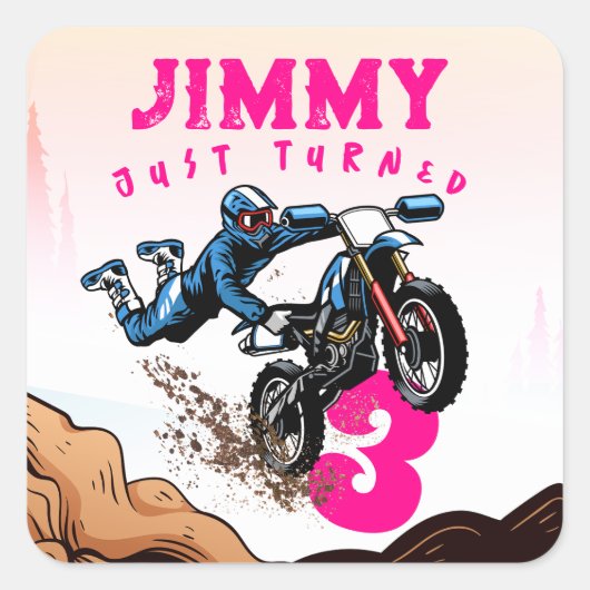 Biker Kind Dirt Stunt Bike Verjaardagsfeestje Kaar Vierkante Sticker (Voorkant)