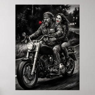 Biker Koppel Motorfiets Nacht Rit Romantiek Poster