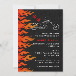 Biker Motorcycle Black Leather Flames Invitation Kaart