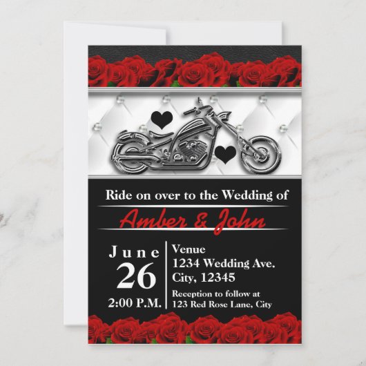 Biker Motorcycle Leather Roos Wedding Invitting Kaart (Voorkant)
