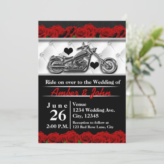 Biker Motorcycle Leather Roos Wedding Invitting Kaart (Staand voorkant)