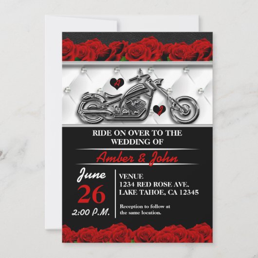 Biker Motorcycle Leather Roos Wedding Invitting Kaart (Voorkant)