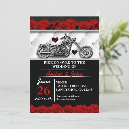 Biker Motorcycle Leather Roos Wedding Invitting Kaart (Staand voorkant)