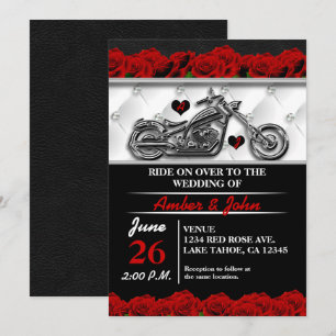 Biker Motorcycle Leather Roos Wedding Invitting Kaart