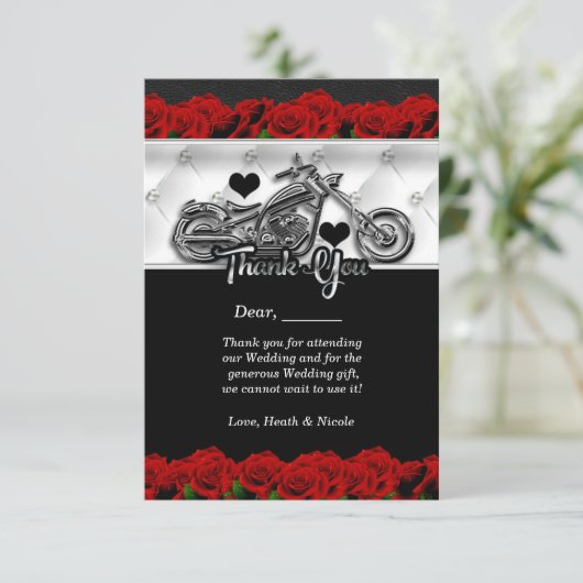 Biker Motorfiets & Rode Rozen Dankkaart Bedankkaart (Staand voorkant)