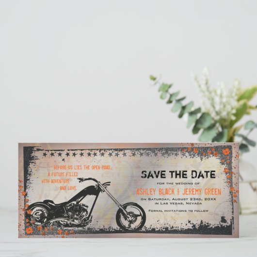 Biker of motorfietsbruiloft Sla de datum op Save The Date (Staand voorkant)