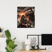 Biker Races Steam Train Desert Sunset Charcoal Art Poster (Thuiskantoor)