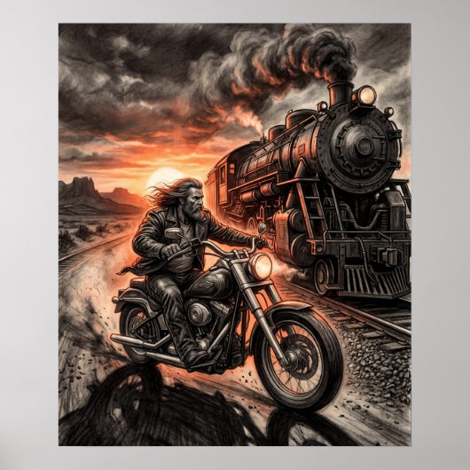 Biker Races Steam Train Desert Sunset Charcoal Art Poster (Voorkant)